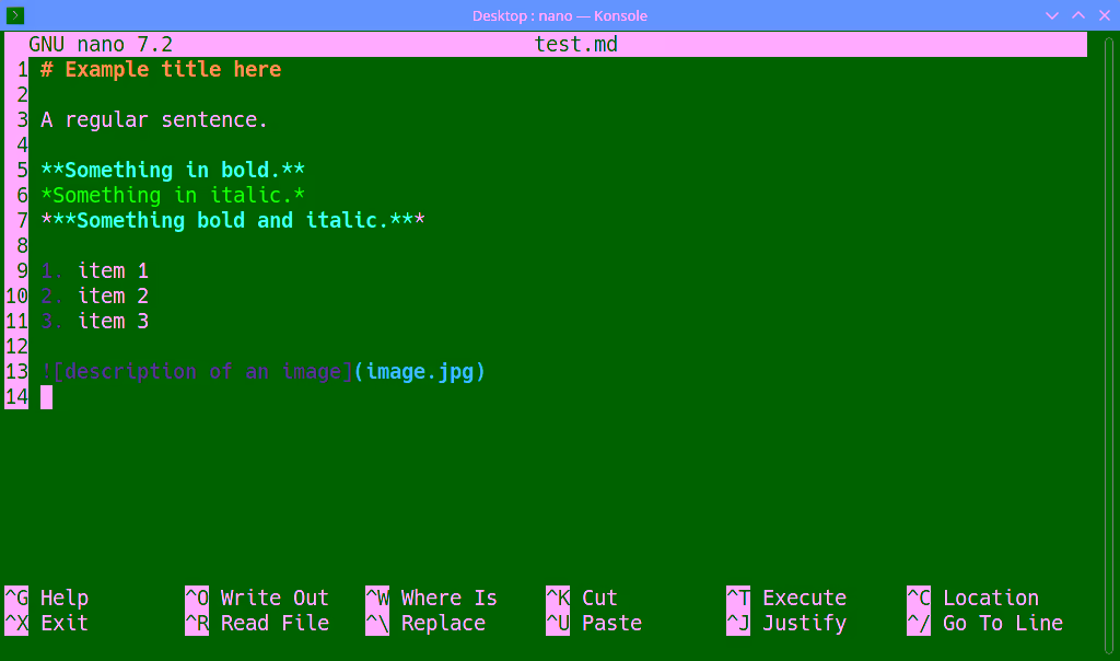 editing markdown in the nano text editor on linux