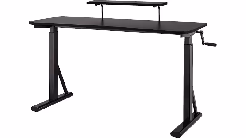 height-adjustable gaming desk with raised monitor shelf