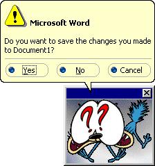 Microsoft Office 97 Assistant - Earl The Cat - Do you want to save the changes you made to Document1?