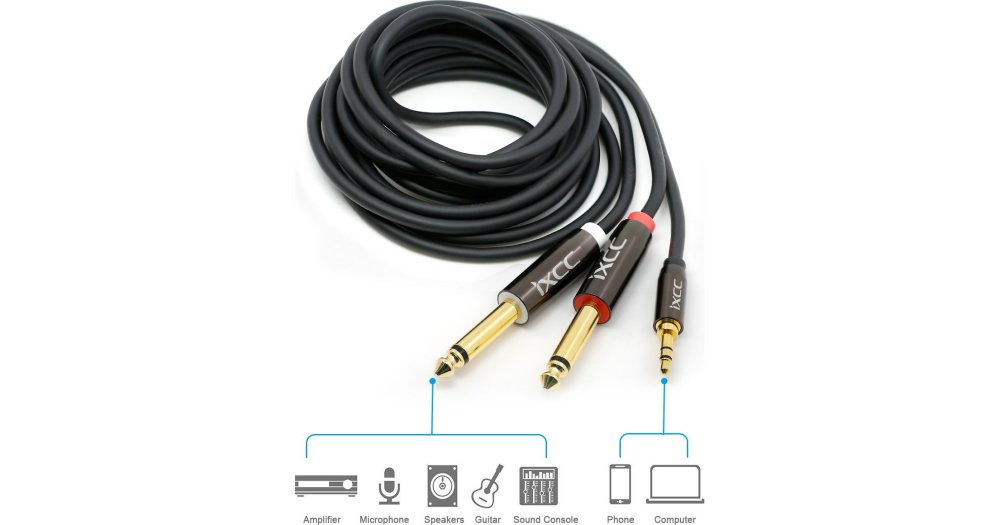 [6Feet] iXCC Gold Plated 3.5mm 1/8in TRS to Dual 6.35mm 1/4in TS Mono Y-Cable Splitter Cord for iPhone, iPod, Computer Sound Cards, CD Players, Multimedia Speakers and Home Stereo Systems