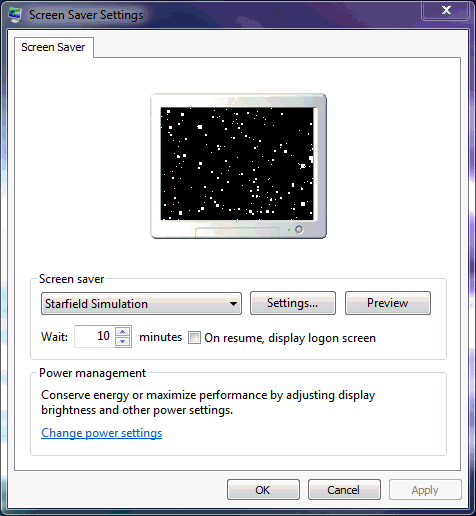 Starfield Simulation screen saver in Windows 7